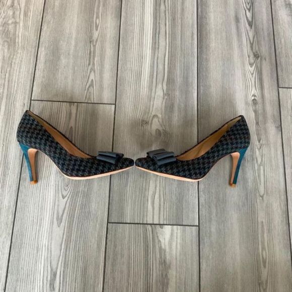 Caylee Blue Wool Pointed Toe Bow Heel Shoes - Picture 6 of 8